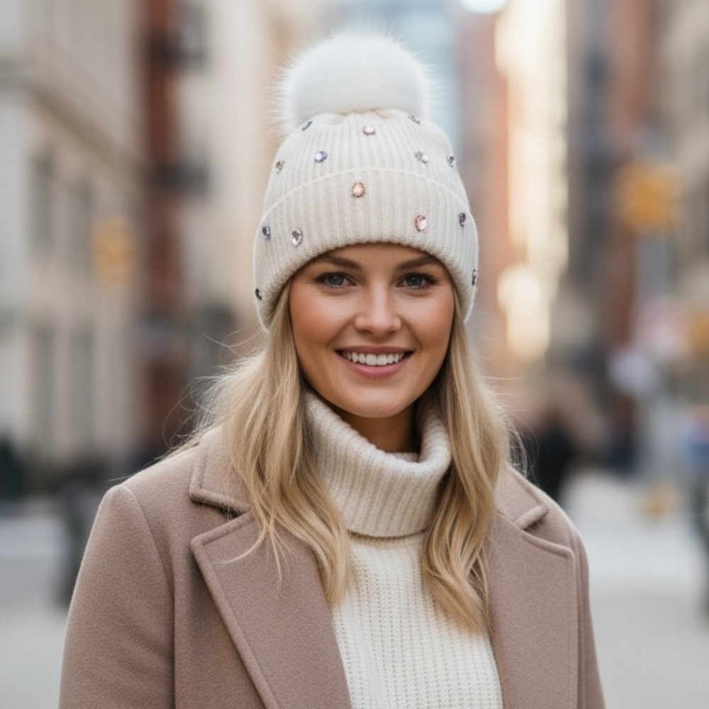 INC International Concepts Ivory Gem-Studded Embellished‎ Beanie with Pom Pom